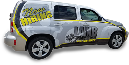 Isolated image of LAMB Labor Services PT Cruiser vehicle featuring a LAMB vehicle wrap